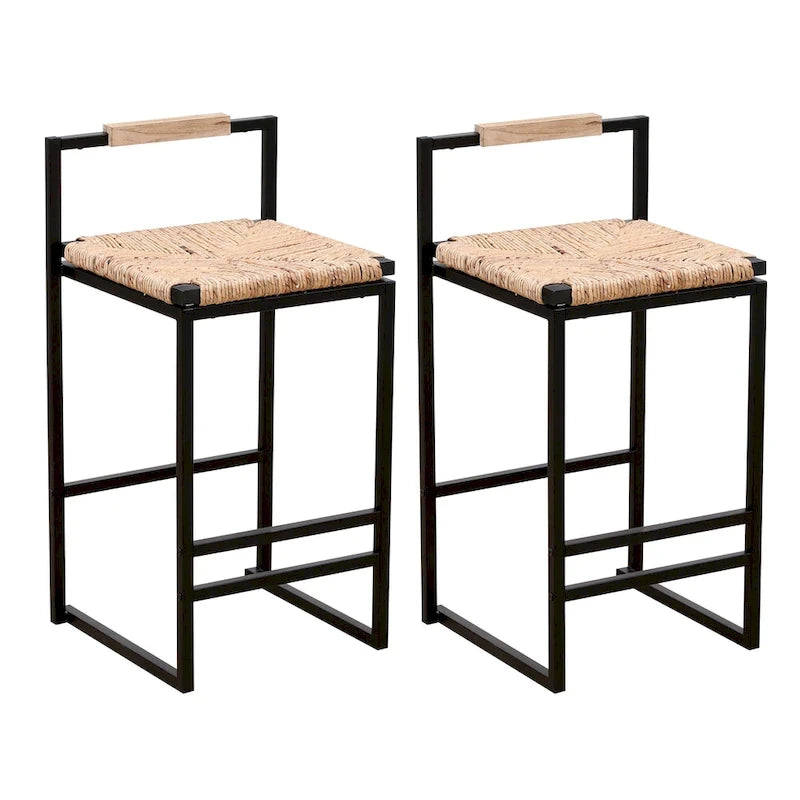 Hand Weave Bar Stools Set of 2, Counter Height Bar Stools with Metal Support Legs, Kitchen Island Stools with Back and Footrest