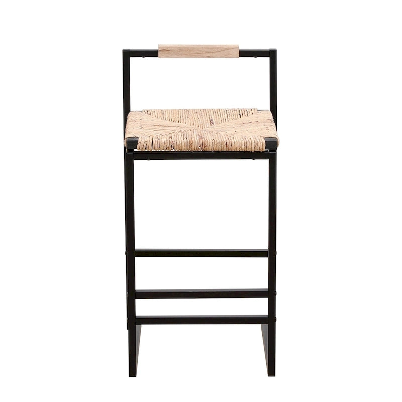 Hand Weave Bar Stools Set of 2, Counter Height Bar Stools with Metal Support Legs, Kitchen Island Stools with Back and Footrest