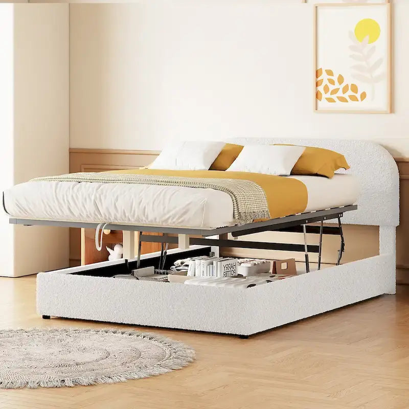 Lift Up Storage Platform Bed Frame, Teddy Fleece Low Profile Bed Hydraulic Storage System, Curved Headboard, Wood Panel Bed