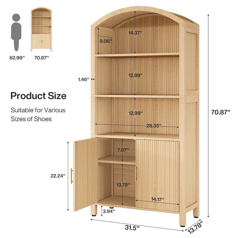 71 Tall Arched 5-Tier Shoe Cabinet with Doors - Natural