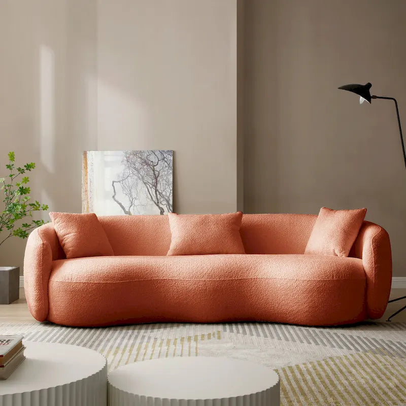 Minimalist Curved Sofa with Pillows - Soft Corduroy or Cozy Polar Fleece Upholstery