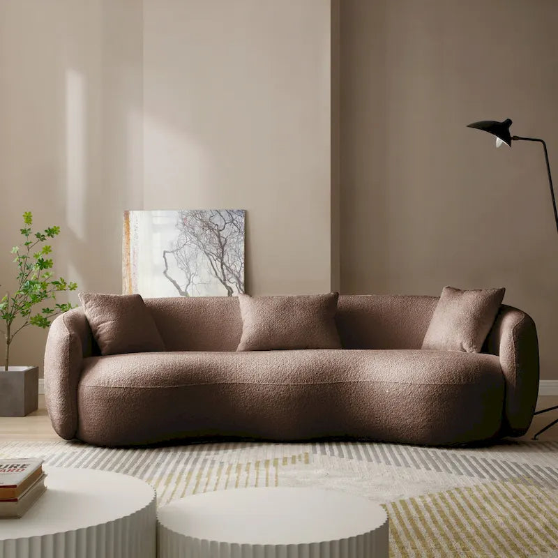 Minimalist Curved Sofa with Pillows - Soft Corduroy or Cozy Polar Fleece Upholstery