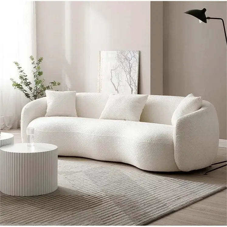 Minimalist Curved Sofa with Pillows - Soft Corduroy or Cozy Polar Fleece Upholstery