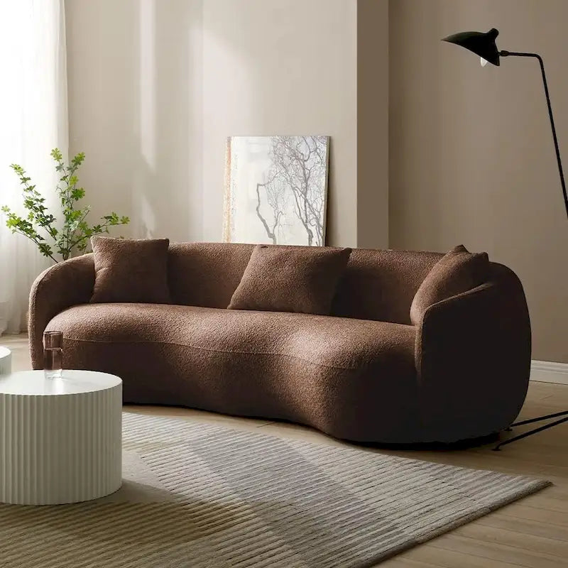 Minimalist Curved Sofa with Pillows - Soft Corduroy or Cozy Polar Fleece Upholstery