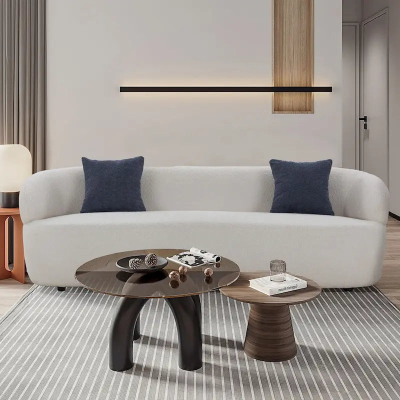 Minimalist Curved Sofa with Pillows - Soft Corduroy or Cozy Polar Fleece Upholstery