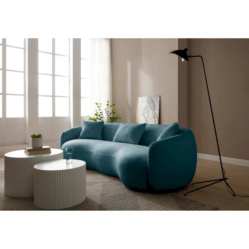 Minimalist Curved Sofa with Pillows - Soft Corduroy or Cozy Polar Fleece Upholstery