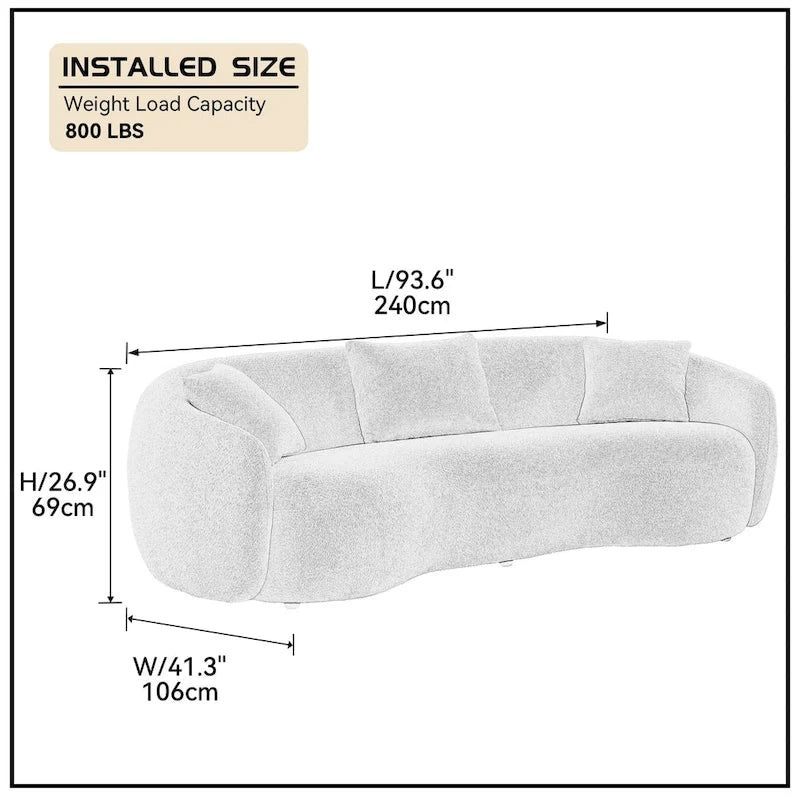 Minimalist Curved Sofa with Pillows - Soft Corduroy or Cozy Polar Fleece Upholstery