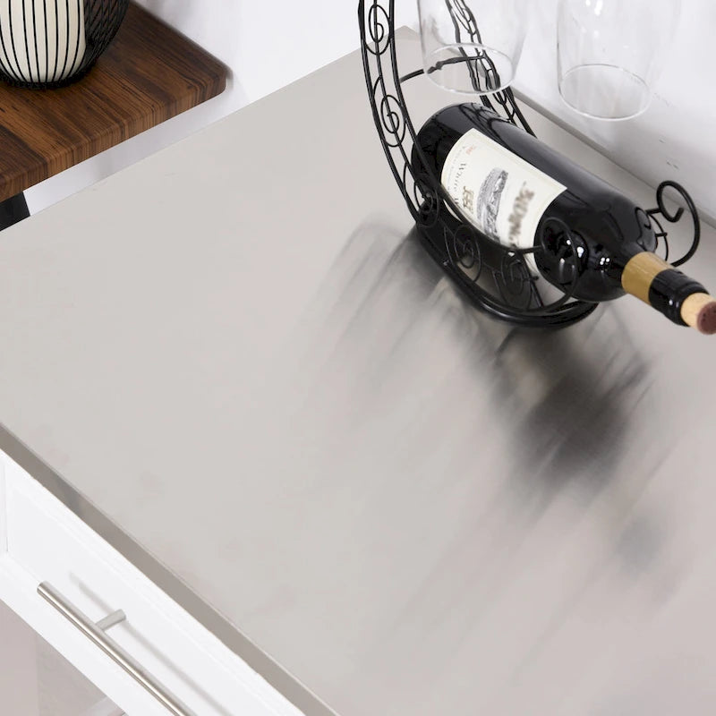 Stainless Steel Top Kitchen Island Rolling Utility Cart with Drawers & Shelves - White