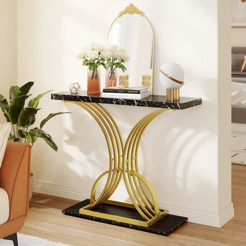Moasis 39 Faux Marble Console Sofa Table Geometric Gold Base for Entryway