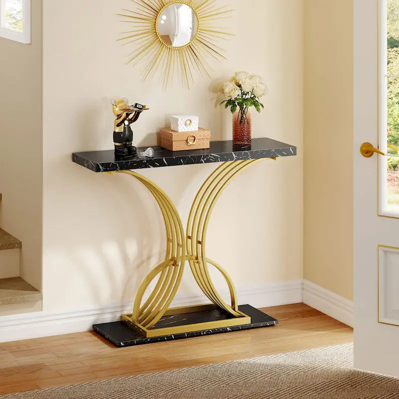 39 Faux Marble Console Sofa Table Geometric Gold Base for Entryway