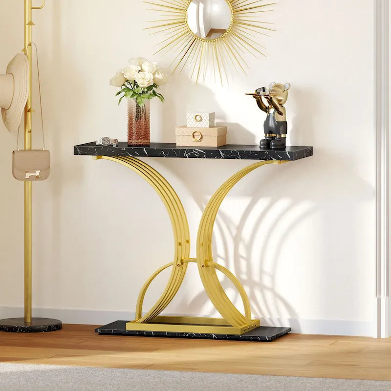 39 Faux Marble Console Sofa Table Geometric Gold Base for Entryway