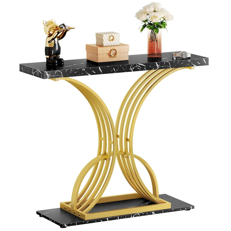 39 Faux Marble Console Sofa Table Geometric Gold Base for Entryway
