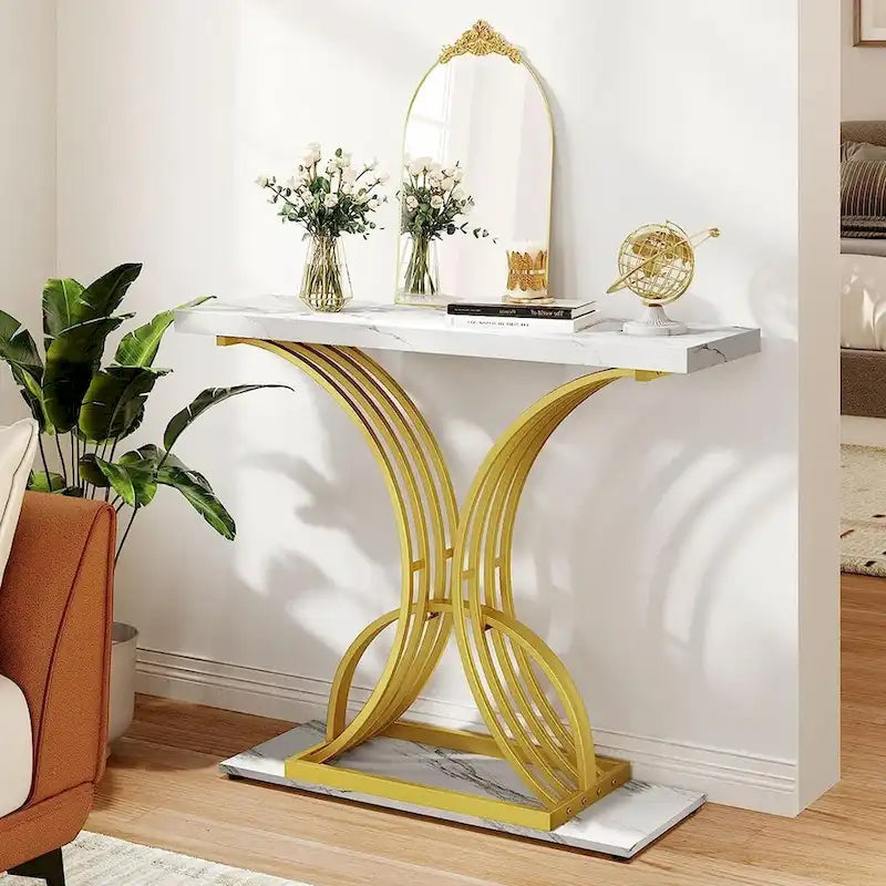 39 Faux Marble Console Sofa Table Geometric Gold Base for Entryway