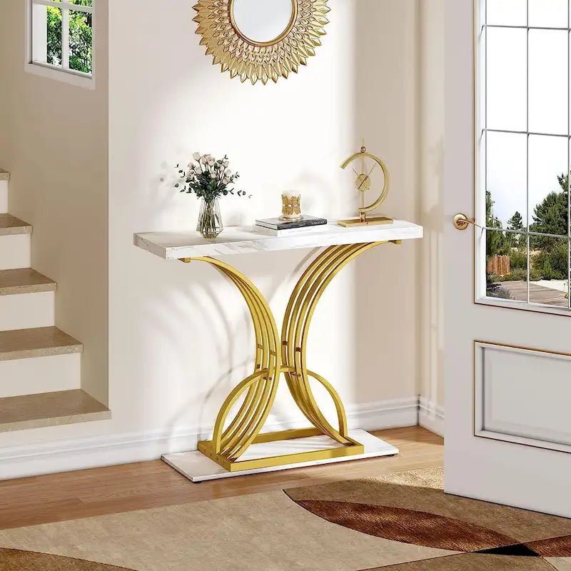 39 Faux Marble Console Sofa Table Geometric Gold Base for Entryway