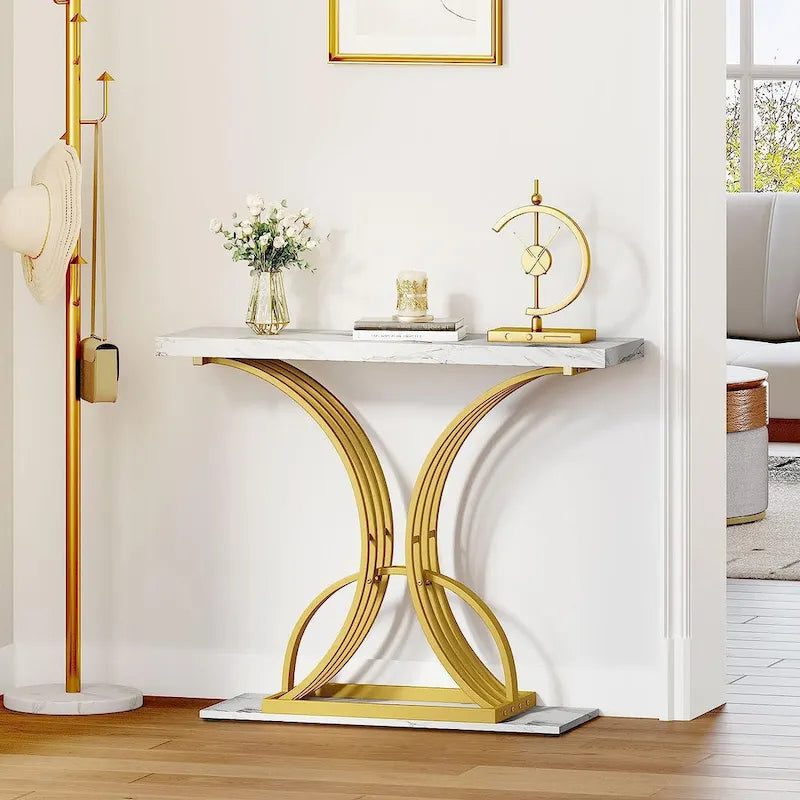 39 Faux Marble Console Sofa Table Geometric Gold Base for Entryway