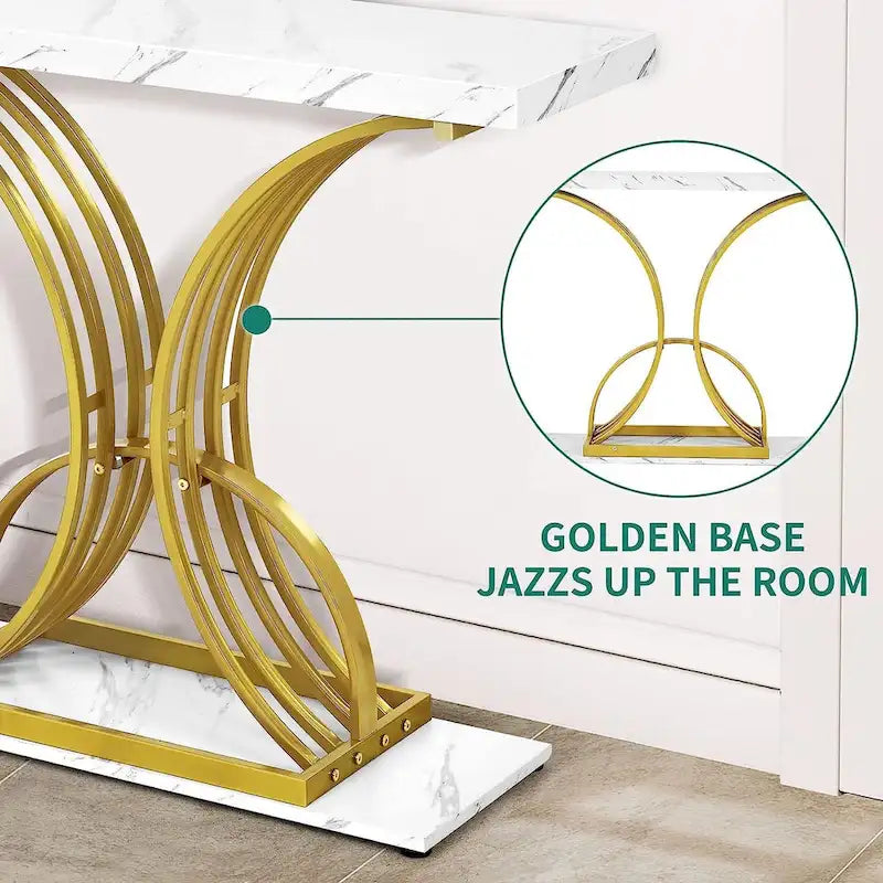 39 Faux Marble Console Sofa Table Geometric Gold Base for Entryway