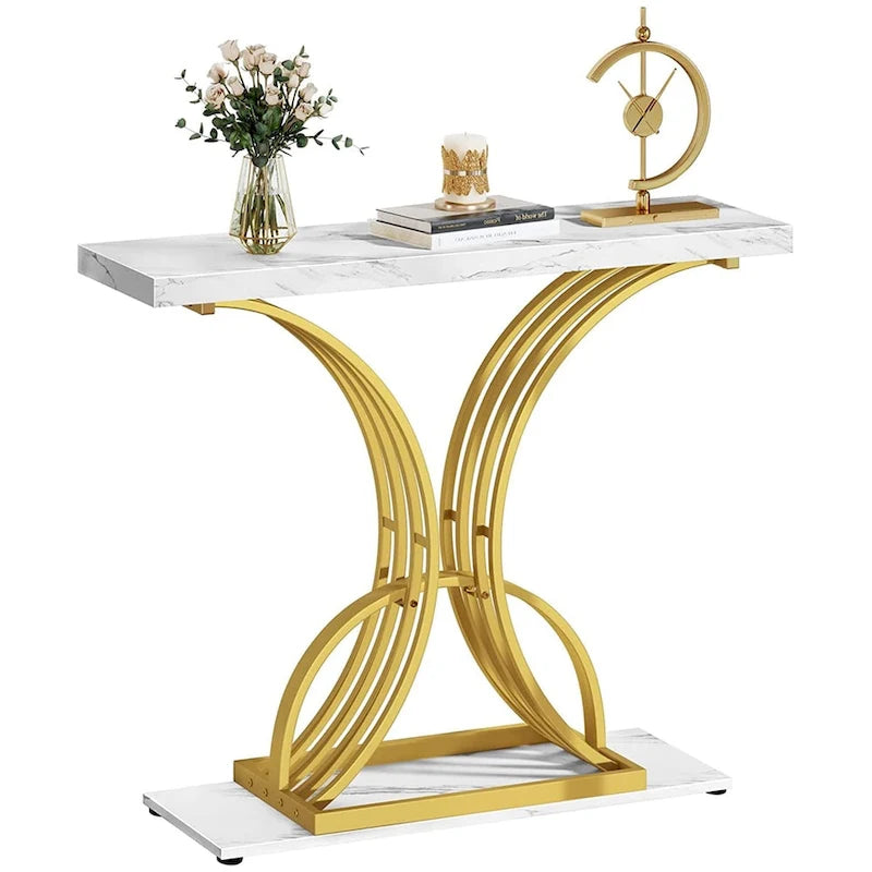 39 Faux Marble Console Sofa Table Geometric Gold Base for Entryway
