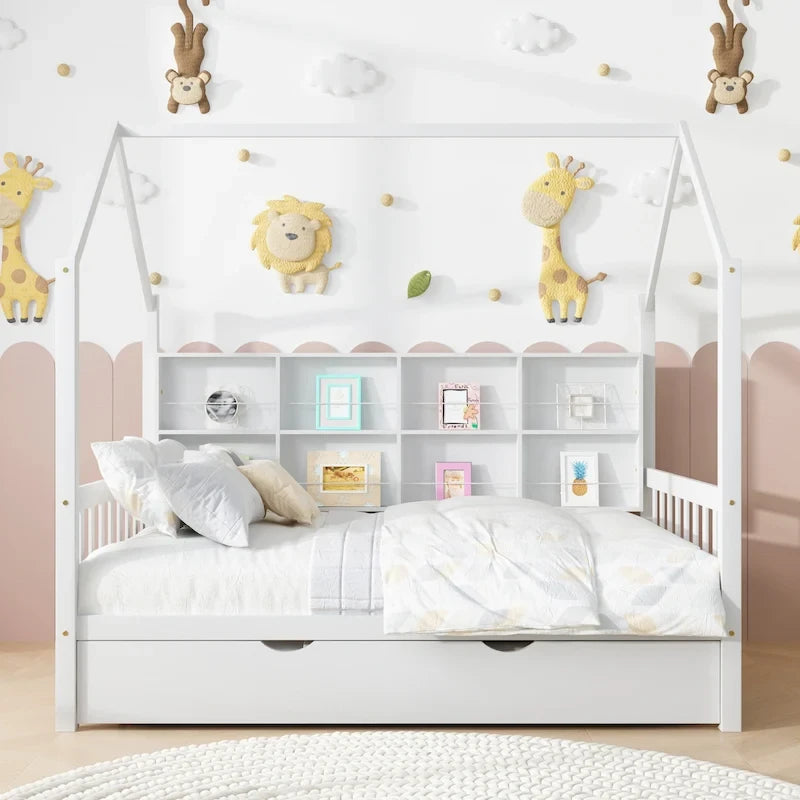 Houten huisbed voor tweepersoonsbed met onderschuifbed, kinderbed met plank