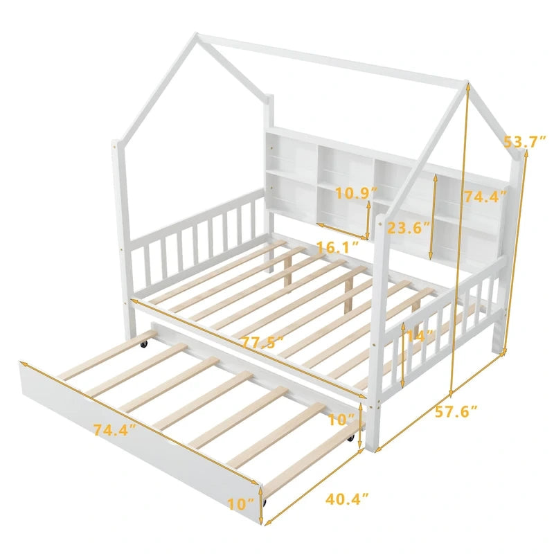 Wooden Full Size House Bed with Trundle,Kids Bed with Shelf