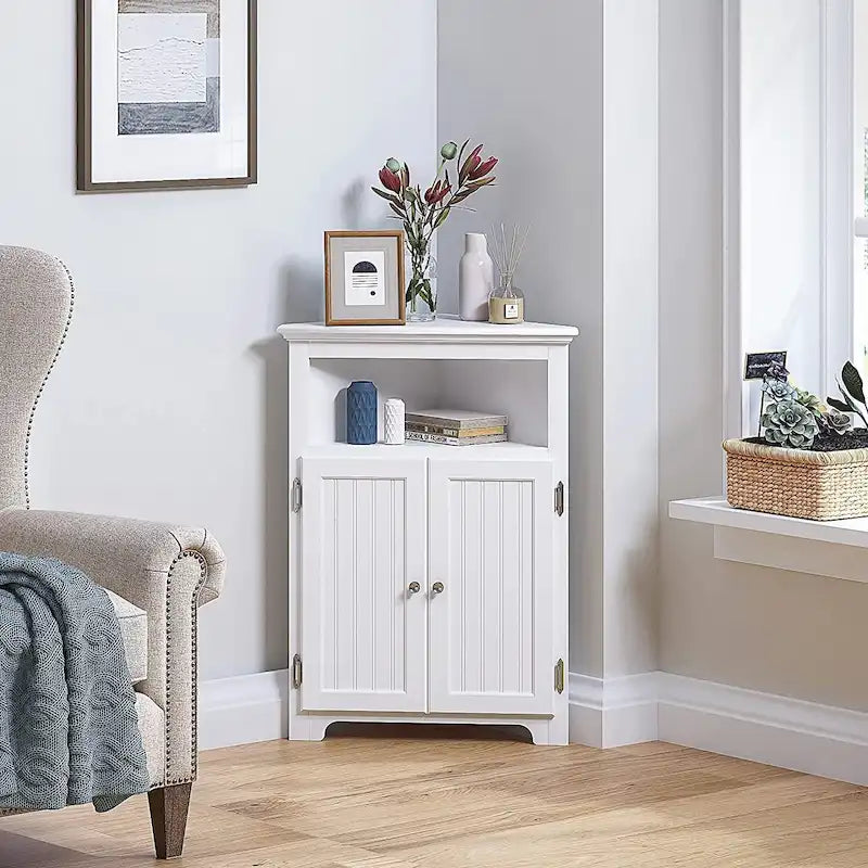 Corner Free Storage Cabinet, Bathroom Floor Corner Cabinet with Doors and Shelves for Bathroom, Kitchen, Living Room, White