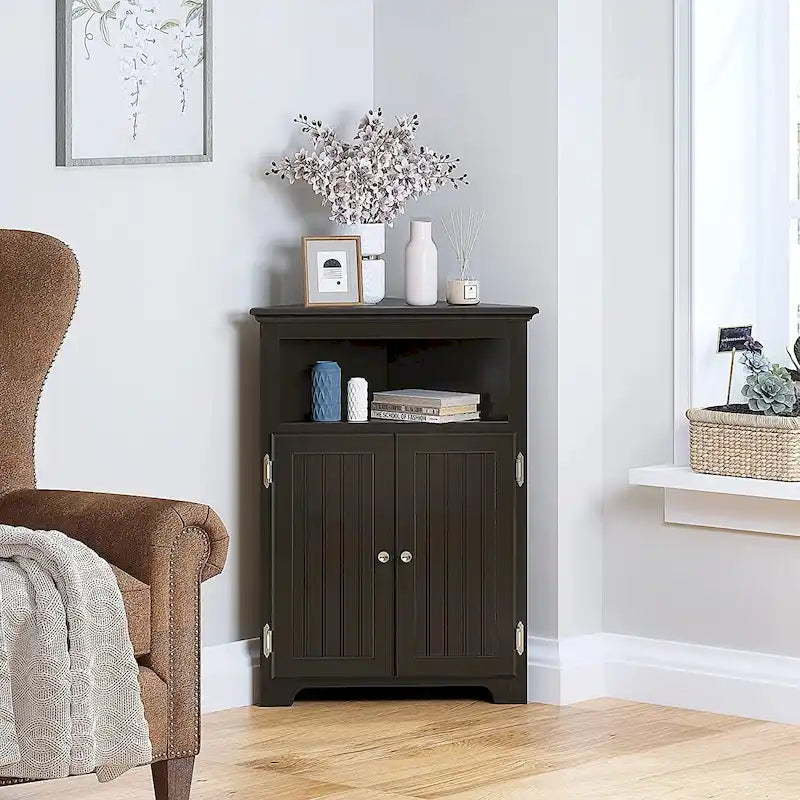Corner Free Storage Cabinet, Bathroom Floor Corner Cabinet with Doors and Shelves for Bathroom, Kitchen, Living Room, White