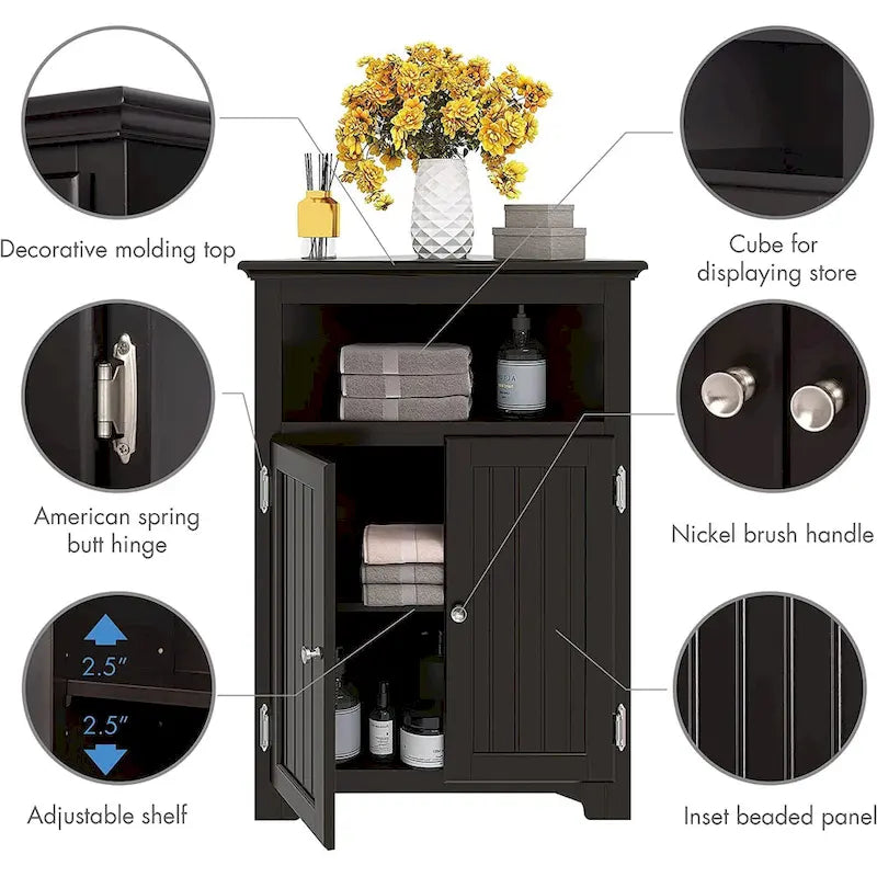 Corner Free Storage Cabinet, Bathroom Floor Corner Cabinet with Doors and Shelves for Bathroom, Kitchen, Living Room, White
