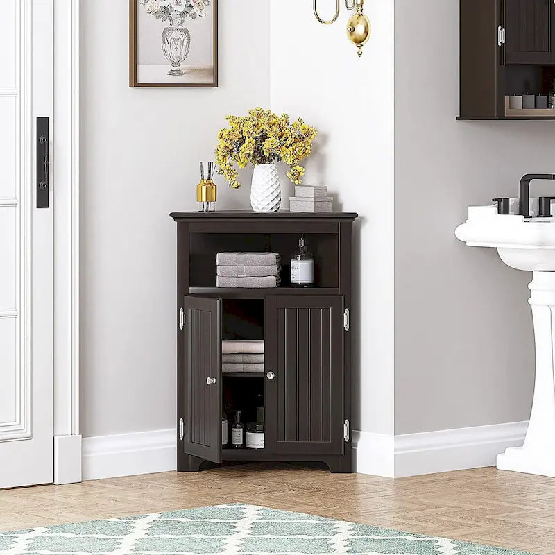 Corner Free Storage Cabinet, Bathroom Floor Corner Cabinet with Doors and Shelves for Bathroom, Kitchen, Living Room, White