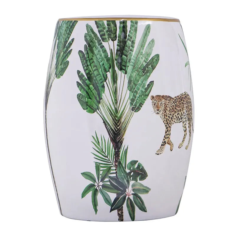 Keramische accenttafel van 18 inch, trommelvorm, tropische print, wit, groen