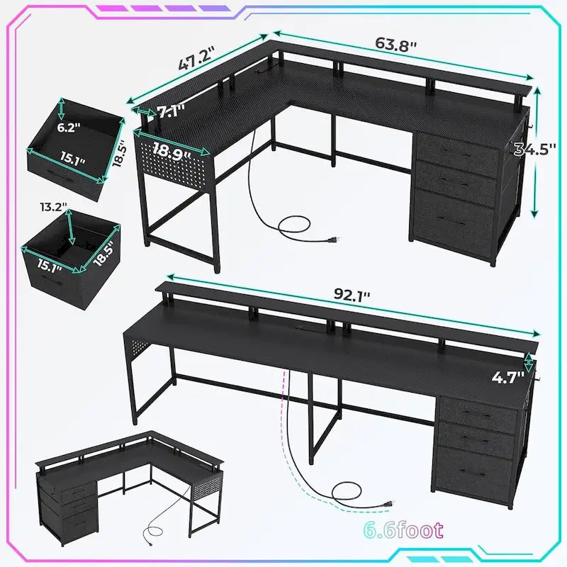 63.8 L Shaped Desk, Reversible Computer Desk Gaming Desk