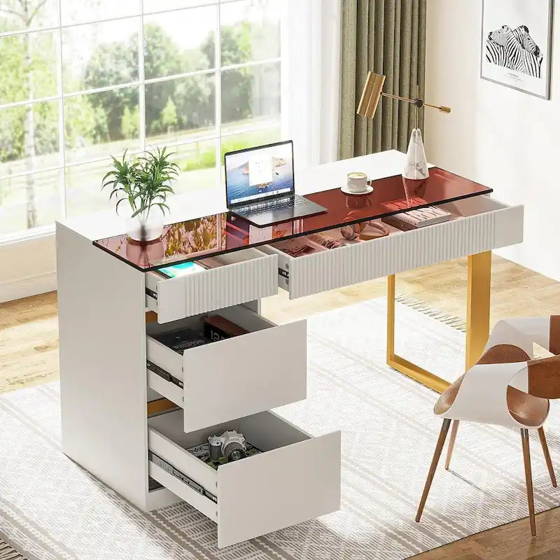 Moderne computerbureau van 47 inch met 4 laden, thuiskantoorbureau met glazen blad, make-uptafel