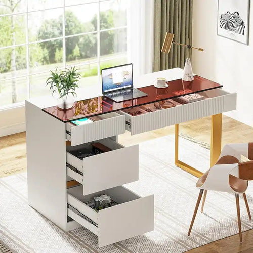 47 Inch Modern Computer Desk with 4 Drawers, Home Office Desk with Glass Top, Makeup Vanity Table