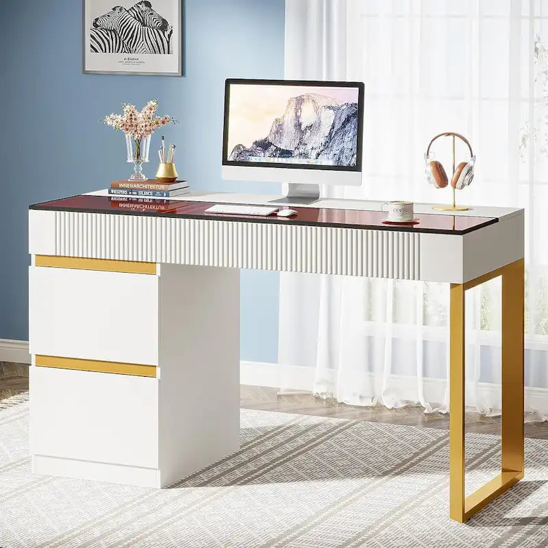 Moderne computerbureau van 47 inch met 4 laden, thuiskantoorbureau met glazen blad, make-uptafel