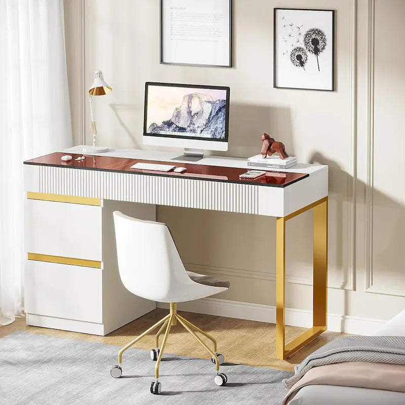 Moderne computerbureau van 47 inch met 4 laden, thuiskantoorbureau met glazen blad, make-uptafel