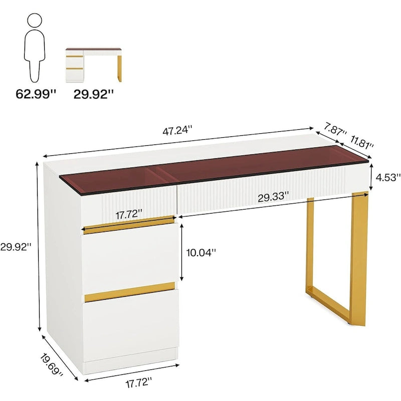Moderne computerbureau van 47 inch met 4 laden, thuiskantoorbureau met glazen blad, make-uptafel