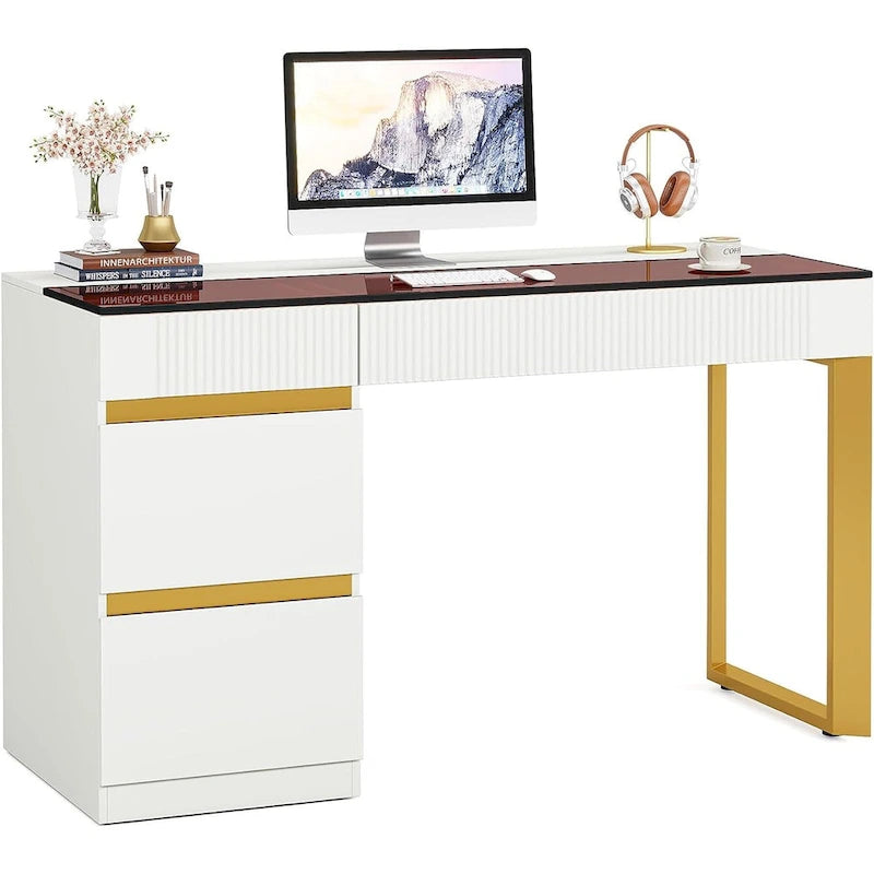 Moderne computerbureau van 47 inch met 4 laden, thuiskantoorbureau met glazen blad, make-uptafel