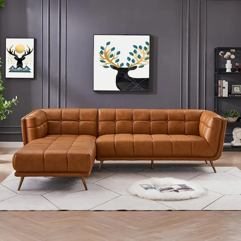 Modern Genuine Leather Sectional Couch in Cognac Tan