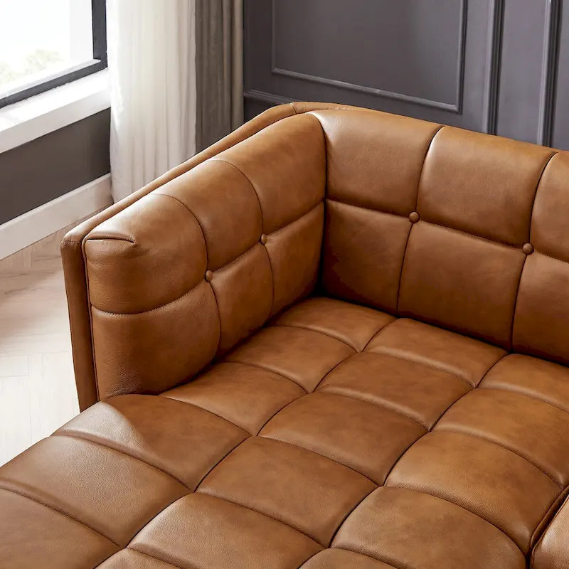 Modern Genuine Leather Sectional Couch in Cognac Tan
