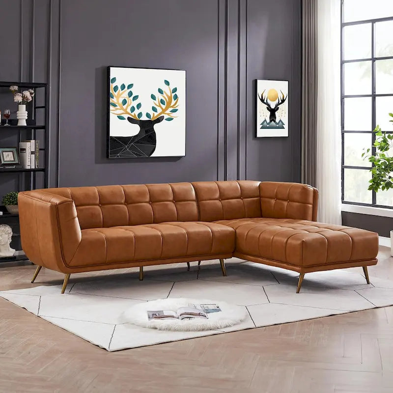 Modern Genuine Leather Sectional Couch in Cognac Tan