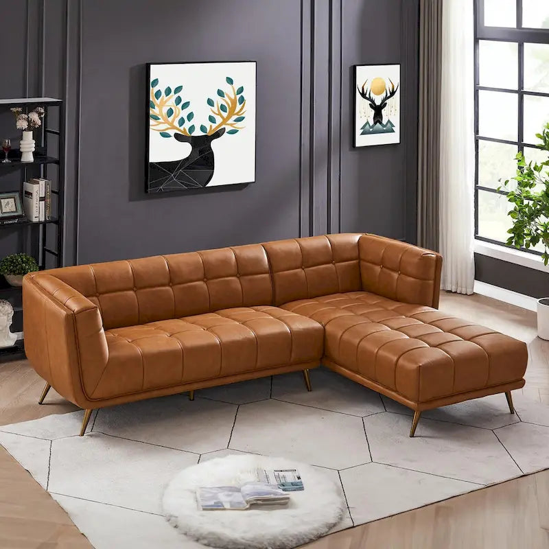 Modern Genuine Leather Sectional Couch in Cognac Tan