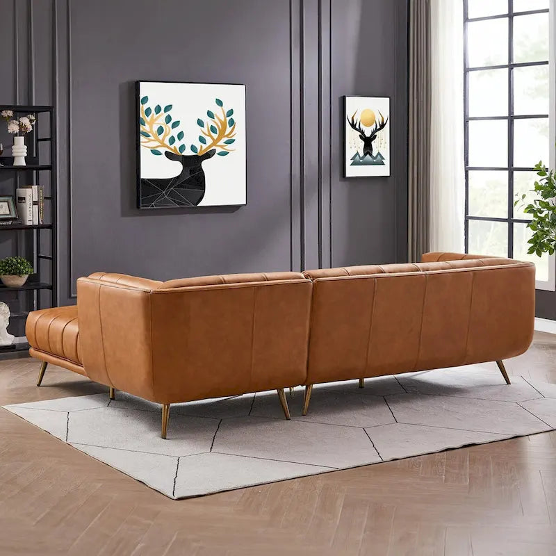 Modern Genuine Leather Sectional Couch in Cognac Tan