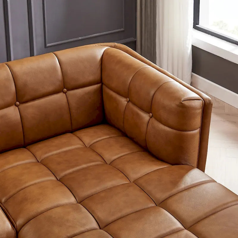 Modern Genuine Leather Sectional Couch in Cognac Tan
