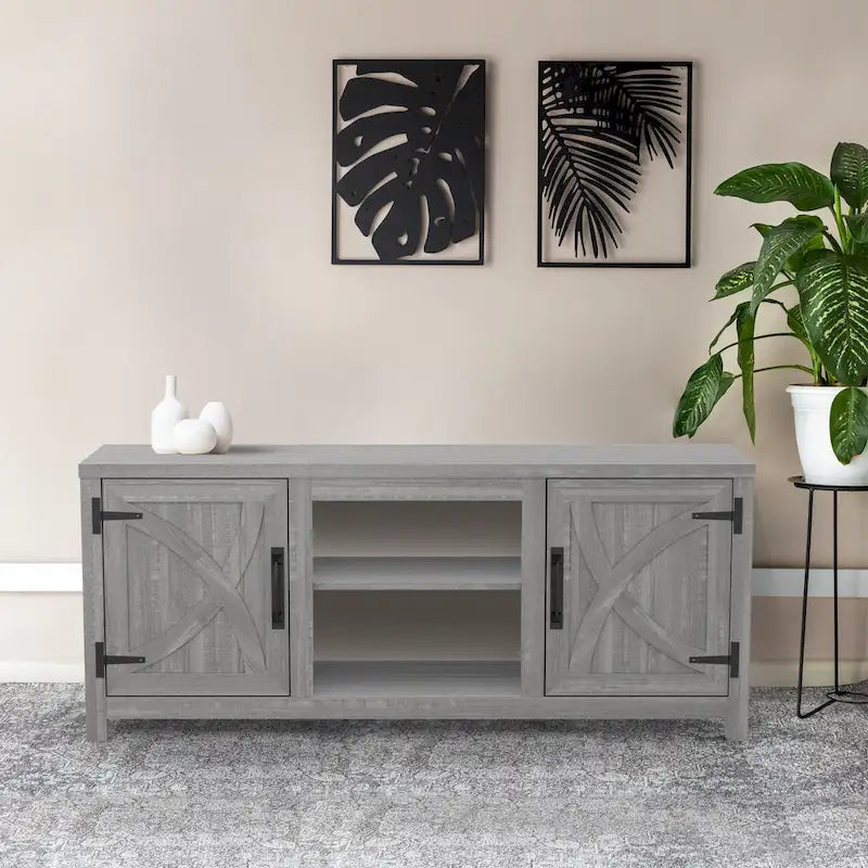 58 Farmhouse Barn Door Entryway Storage Console Table TV Stand - 58 inches in width