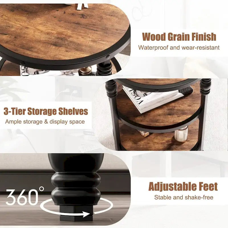 End Table 3-Tier Round Side Table Living Room Accent Table