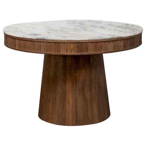 Eettafel van 46 Inch, rond marmeren blad, voetstuk, gegroefd, bruin