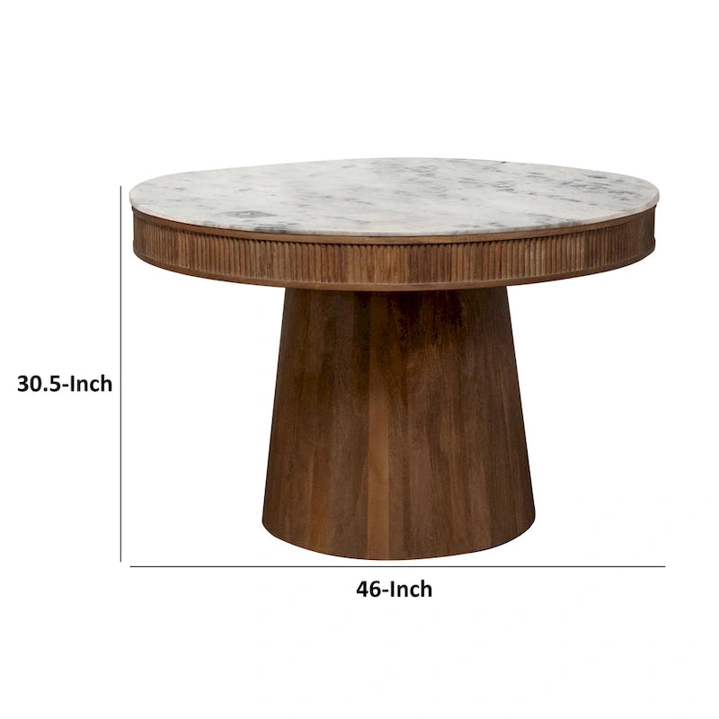 Eettafel van 46 Inch, rond marmeren blad, voetstuk, gegroefd, bruin