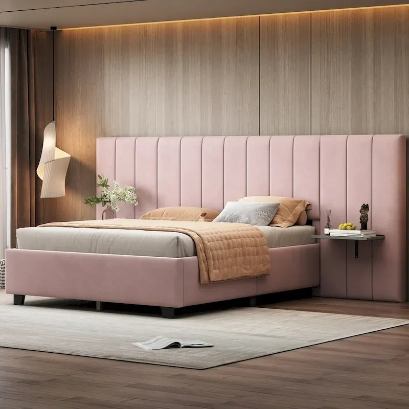 Full Size Upholstered Platform Bed with Big Headboard