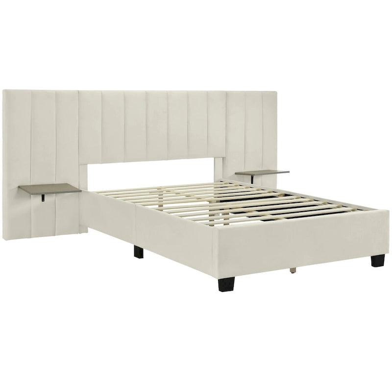 Full Size Upholstered Platform Bed with Big Headboard