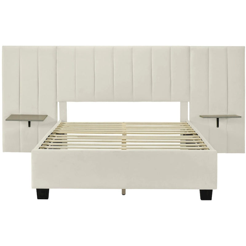 Full Size Upholstered Platform Bed with Big Headboard