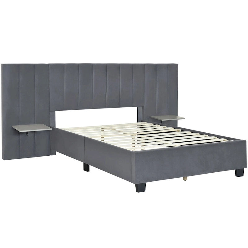 Full Size Upholstered Platform Bed with Big Headboard