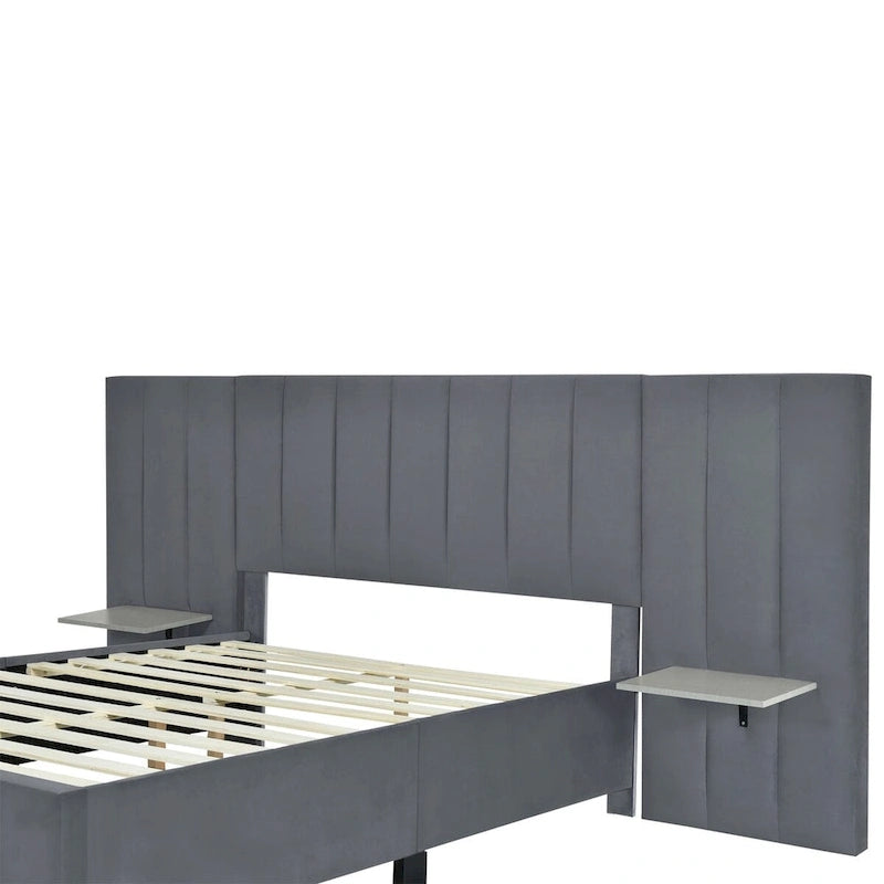 Full Size Upholstered Platform Bed with Big Headboard
